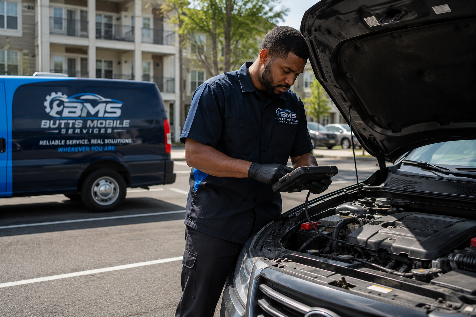 Mobile mechanic using diagnostic scanner in Hampton Roads Virginia