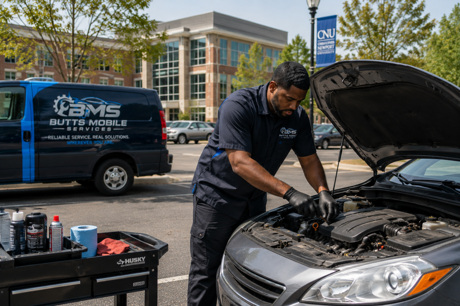 Mobile mechanic servicing a car in a parking lot
