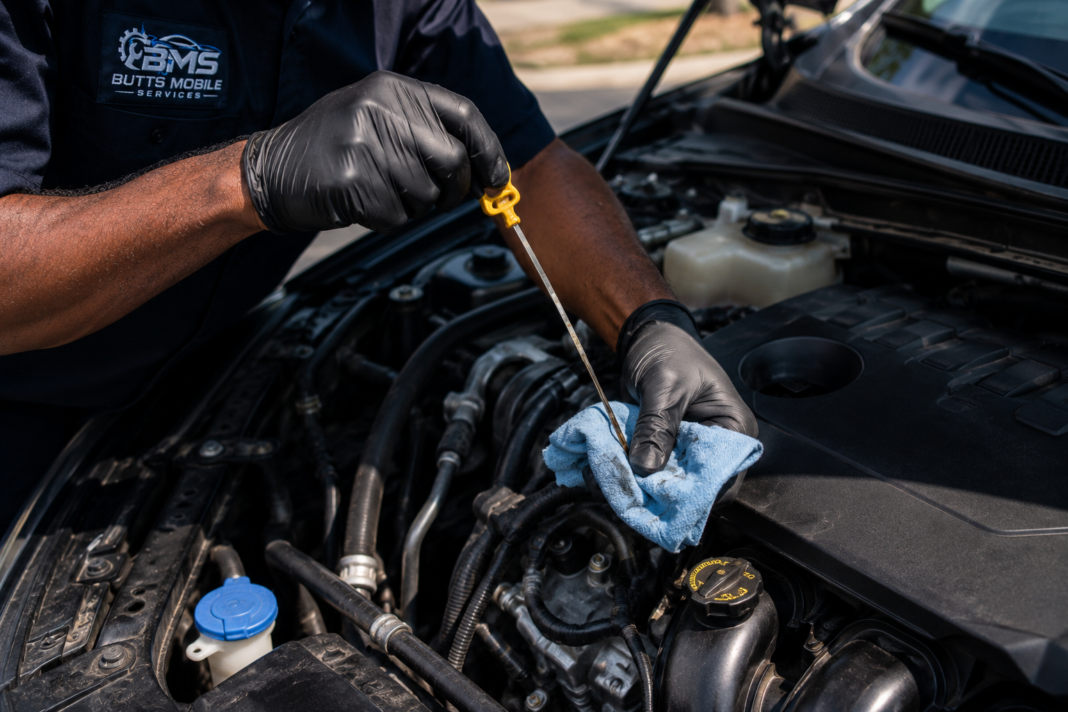 Mechanic checking fluids and performing vehicle maintenance