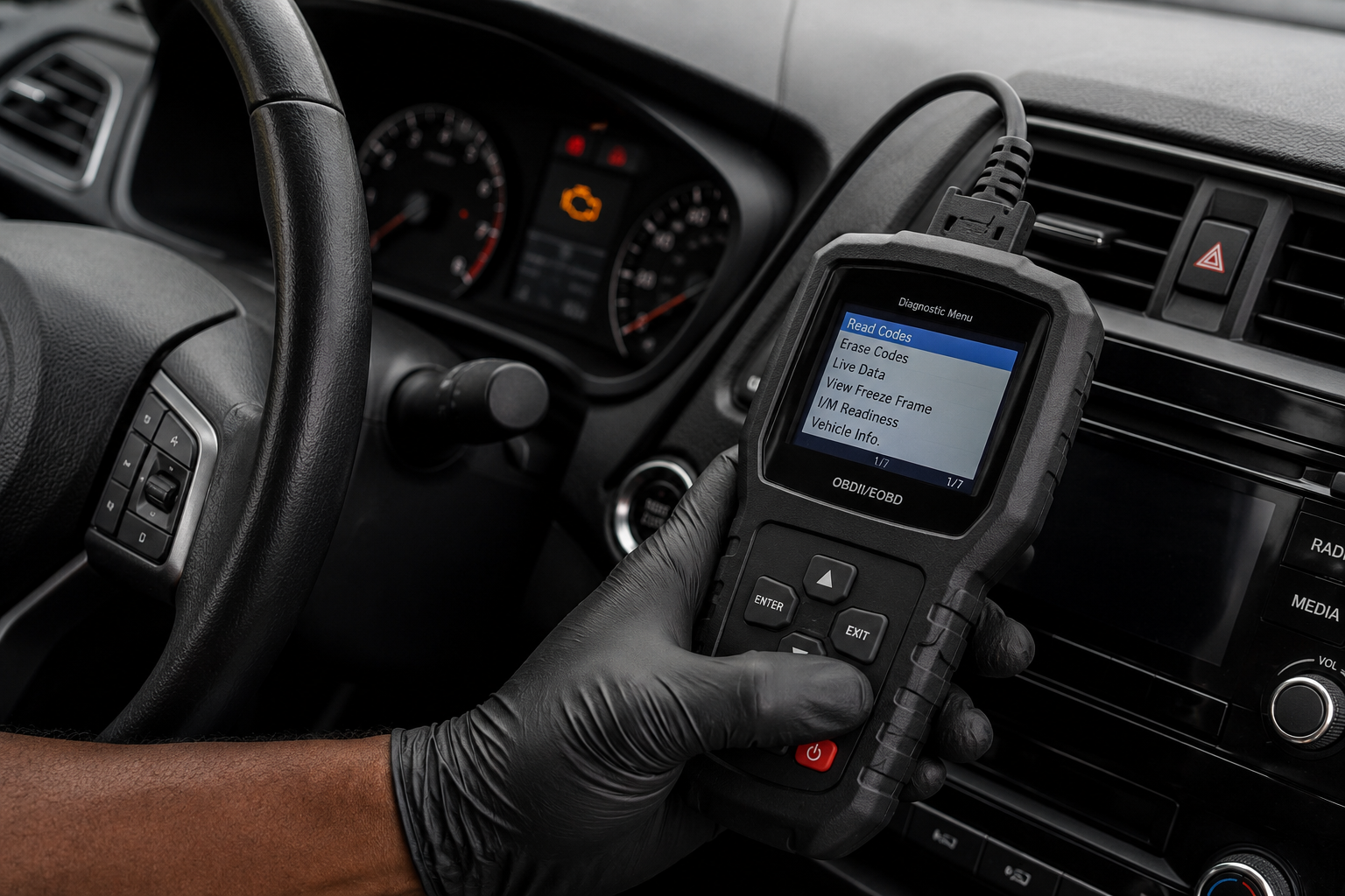 OBD diagnostic scanner checking vehicle warning light