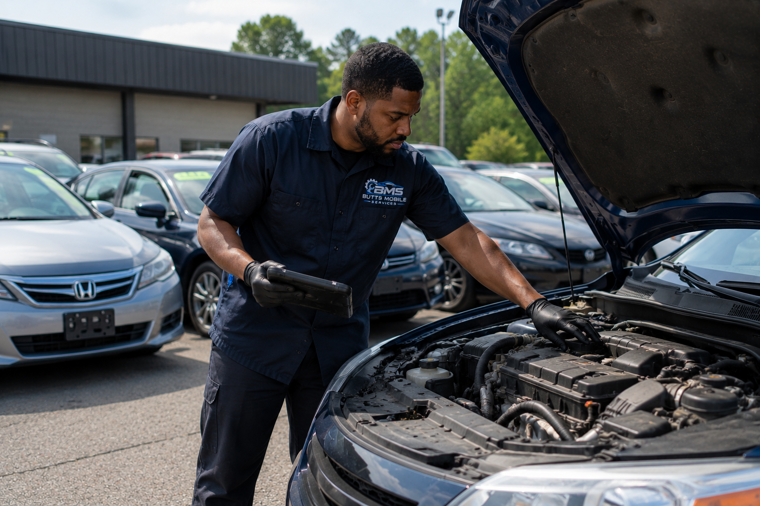 Mobile mechanic inspecting used car before purchase in parking lot